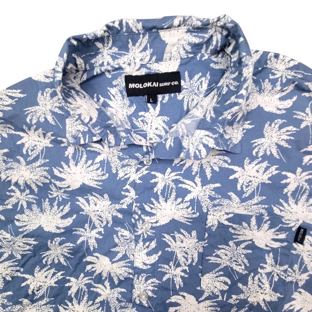 Molokai Surf Co Mens L Blue White Palm Tree Tropical Short Sleeve Button Shirt